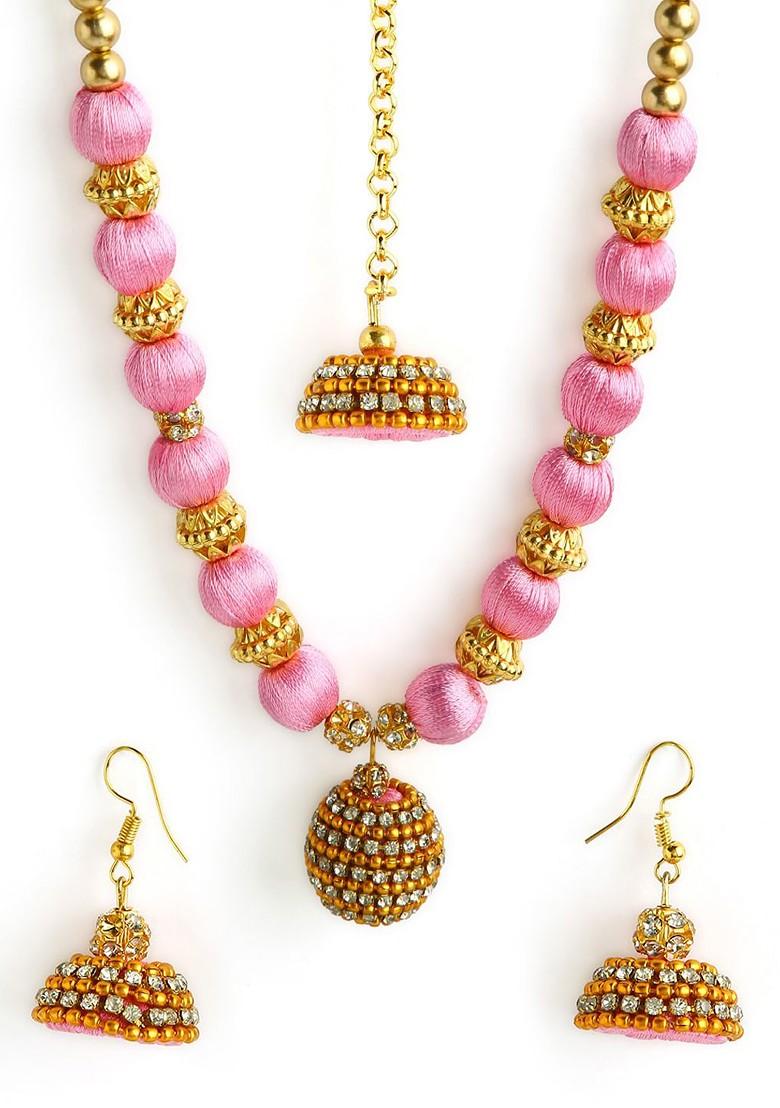 Gold Plated And Rose Pink Stone Studded And Beaded Wooden Balls Silk Thread Jewellery Set