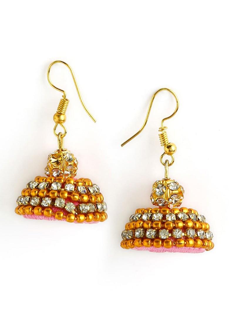 Gold Plated And Rose Pink Stone Studded And Beaded Wooden Balls Silk Thread Jewellery Set