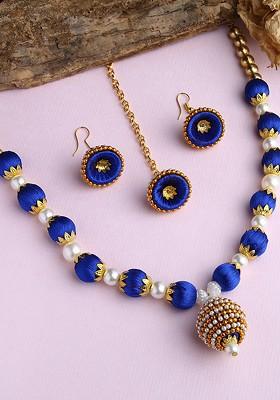 Gold Plated White And Blue Stone Studded And Beaded Wooden Balls Silk Thread Jewellery Set