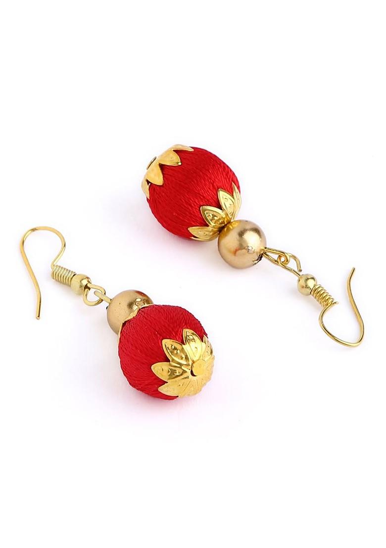 Gold Plated White And Red Stones Studded And Beaded Wooden Balls Silk Thread Jewellery Set