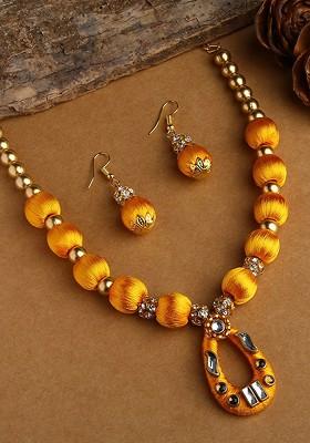 Gold Plated And White Stones Handcrafted Silk Thread Jewellery Set