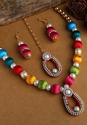 Gold Plated And Red Stones Studded And Beaded Wooden Balls Silk Thread Jewellery Set
