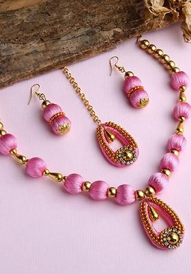 Gold Plated And Rose Stones Studded And Beaded Wooden Balls Silk Thread Jewellery Set