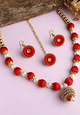 Gold Plated And White Handcrafted Silk Thread Jewellery Set