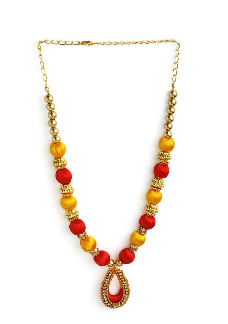 Gold Plated White And Yellow Stone Studded And Beaded Thread Jewellery Set