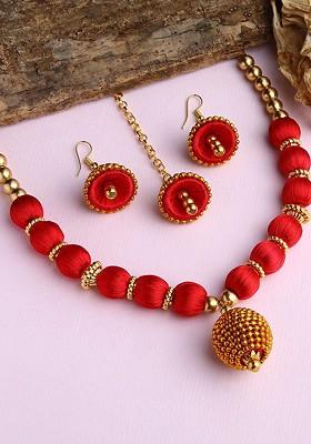 Gold Plated And Red Handcrafted Silk Thread Jewellery Set