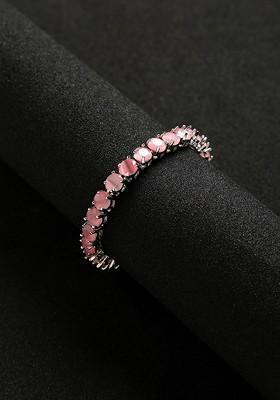 Women Silver Toned And Pink Brass American Diamond Rhodium Plated Charm Bracelet