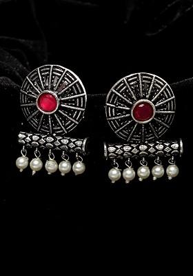 Silver Toned And Plated Circular Oxidised Drop Earrings