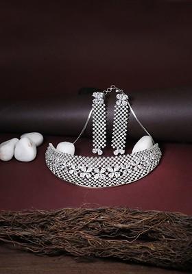 Silver Toned Rhodium Plated Cz Studded Choker Jewellery Set