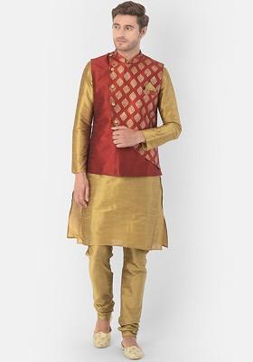 Men Gold Toned Dupion Silk Kurta And Churidar With Nehru Jacket
