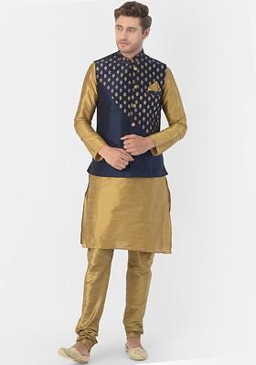 Men Navy Blue Dupion Silk Kurta And Churidar With Nehru Jacket