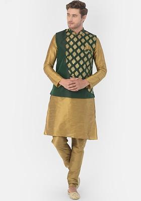 Men Green And Gold Toned Woven Design Dupion Silk Kurta With Churidar And Nehru Jacket