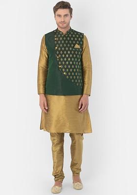 Men Gold Coloured And Green Dupion Silk Kurta With Churidar And Nehru Jacket