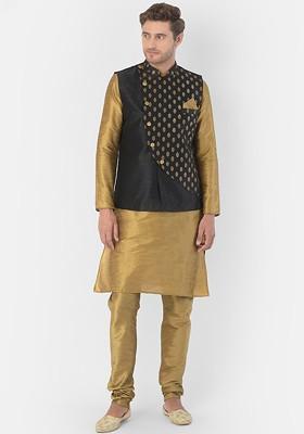 Men Gold Coloured And Black Dupion Silk Kurta With Churidar And Nehru Jacket