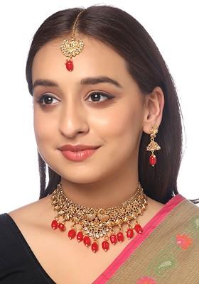 Gold Plated Red Kundan Studded And Pearl Beaded Oxidised Jewellery Set