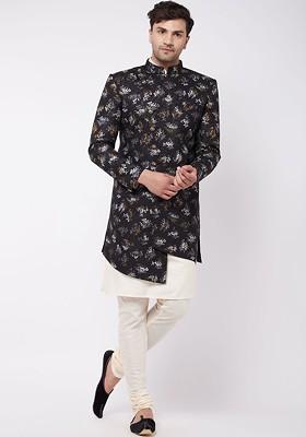 Men Black And Cream Printed Slim Fit Angarhka Set