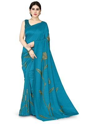 Women Turquoise Blue Floral Printed Silk Blend Saree