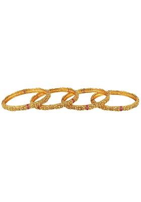 Set Of 4 Gold Plated And Pink Stones Studded And Bead Bangles