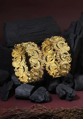 Woman Set Of 2 Gold Plated Red Stone Studded Bangles