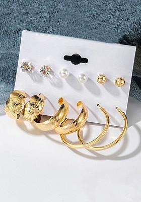 Gold Toned Combo Of 6 Crystal Pearl Gold Plated Stud Hoop Earrings Set