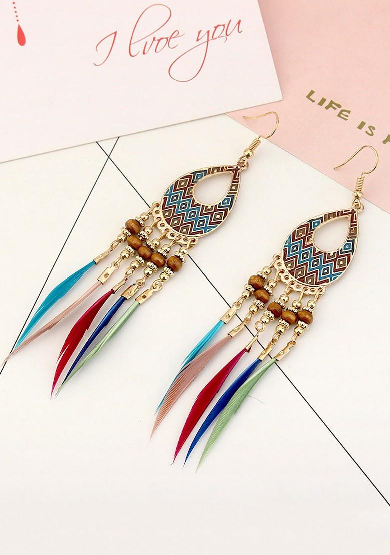 Buy Women Multicoloured Classic Feathers Long Tassel Drop Earrings