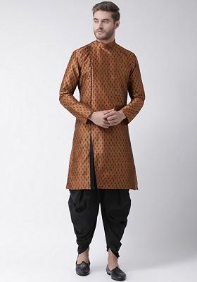 Men Brown And Black Ethnic Motifs Printed Angrakha Dupion Silk Kurta With Dhoti Pants