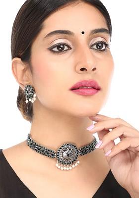 Oxidised Silver Toned And Black Stone Studded Beaded Jewellery Set