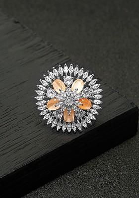 Rhodium Plated Silver Toned And White Ad Studded Floral Finger Ring
