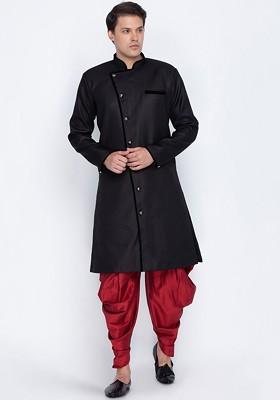 Men Black And Red Solid Slim Fit Sherwani Set