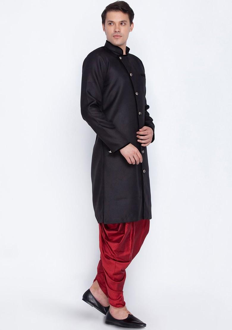 Men Black And Red Solid Slim Fit Sherwani Set