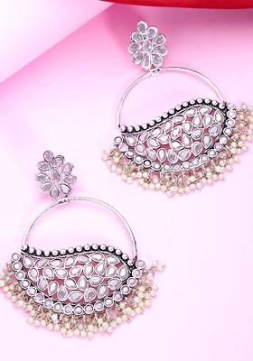 White Kundan Pearl Silver Oxidised Chandbalis