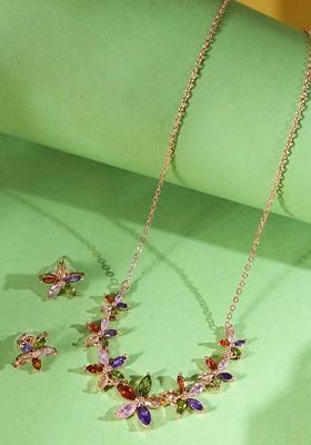 Rose Gold Plated Pink And Green Cz Studded Jewellery Set