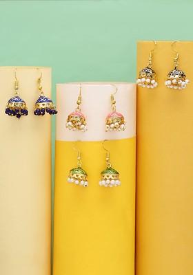 Pack Of 4 Gold Toned Silver Plated Classic Meenakari Jhumkas Earrings