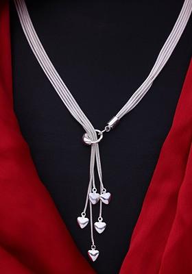  Silver Plated Hanging Heart Charms Layered Chain Necklace