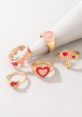 Set Of 5 Gold Plated Pink Enameled Finger Ring