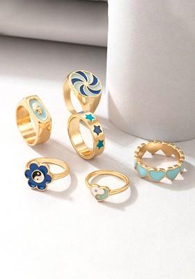 Set Of 6 Gold Plated Blue Enamel Knuckle Ring Set