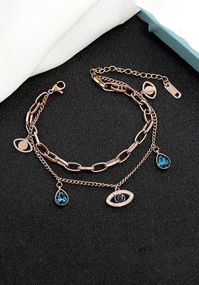 Women Rose Gold Crystal Studded Evil Eye Link Charm Bracelet