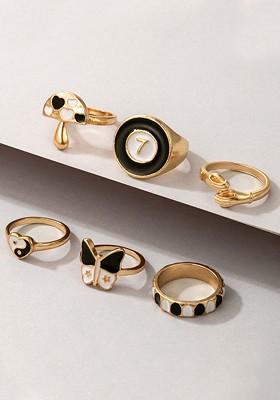 Set Of 6 Gold Plated And Black Design Detailed Finger Ring