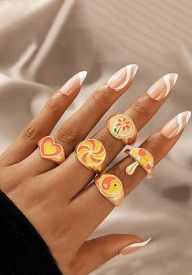 Set Of 5 Gold Plated And Orange Enameled Finger Ring