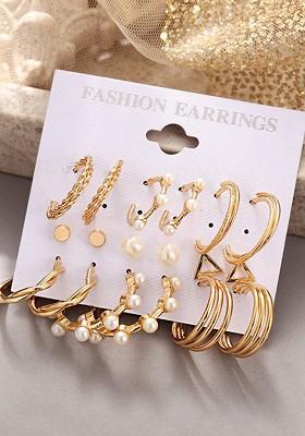 Set Of 9 Gold Plated Quirky Studs And Hoop Earrings