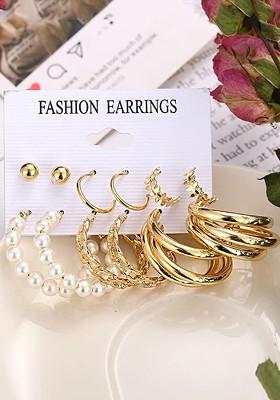 Set Of 6 Gold Plated Pearl Contemporary Hoop And Stud Earrings
