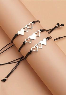 Women Set Of 3 Black And Silver Toned Heart Design Wraparound Bracelet