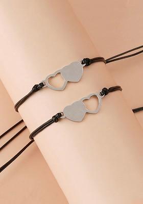 Women Set Of 2 Black And Silver Toned Heart Shaped Wraparound Bracelet