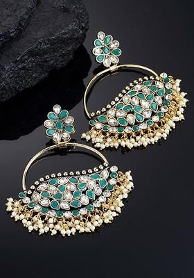 Gold Toned And Green Crescent Shaped Drop Earrings
