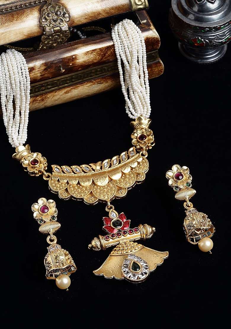 Gold Plated And White Stone Studded And Beaded Jewellery Set - Indya