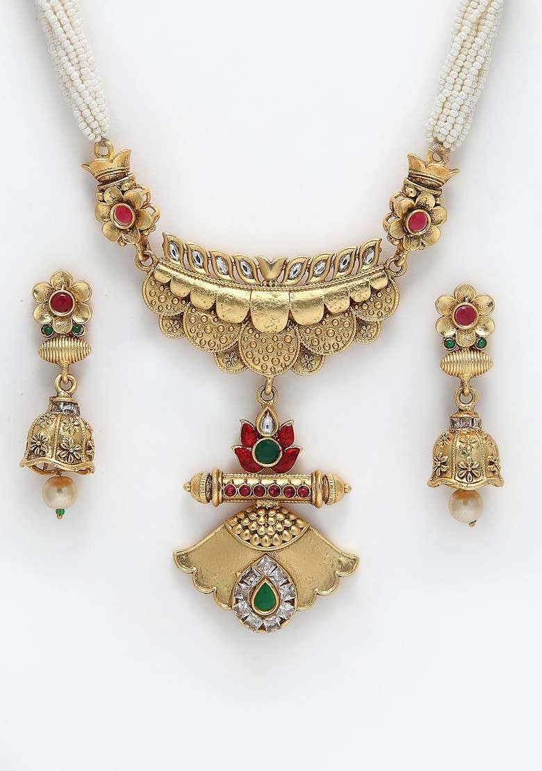 Gold Plated And White Stone Studded And Beaded Jewellery Set - Indya