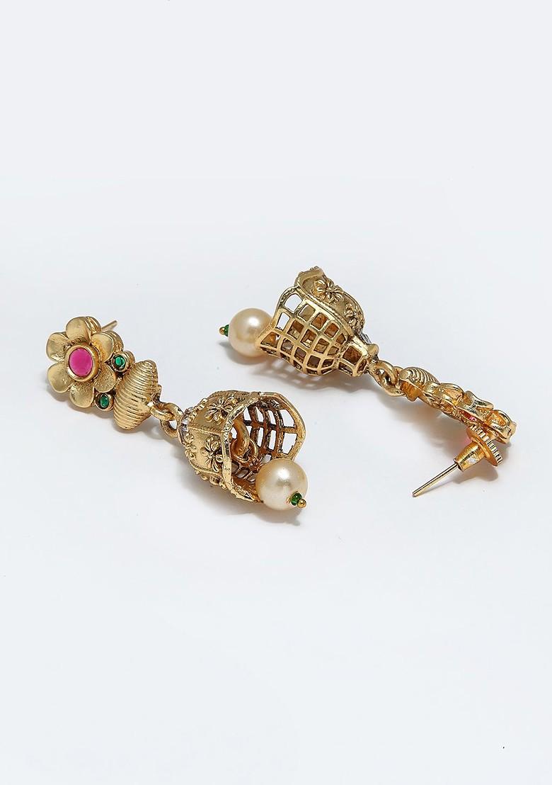 Gold Plated And White Stone Studded And Beaded Jewellery Set