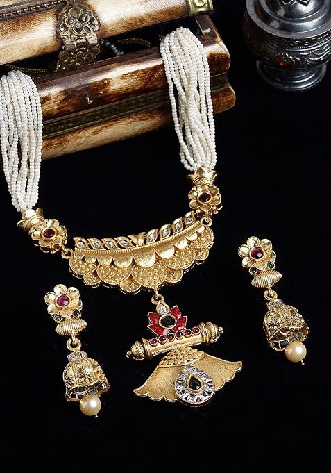 Gold Plated And White Stone Studded And Beaded Jewellery Set