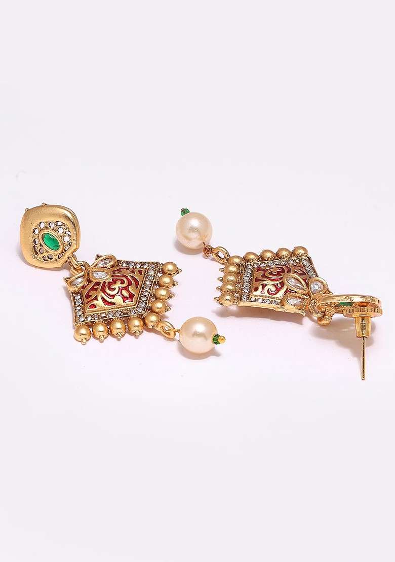 Gold Plated And Red Stone Studded And Beaded Jewellery Set - Indya
