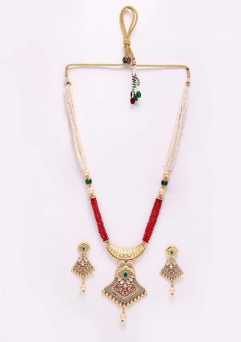 Gold Plated And Red Stone Studded And Beaded Jewellery Set - Indya